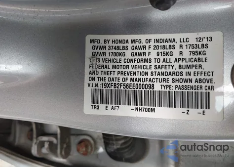 2014 Honda Civic Lx z USA, uszkodzony, nr VIN 19XFB2F56EE000098